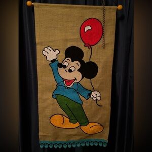 Vtg Mickey Mouse Burlap Banner